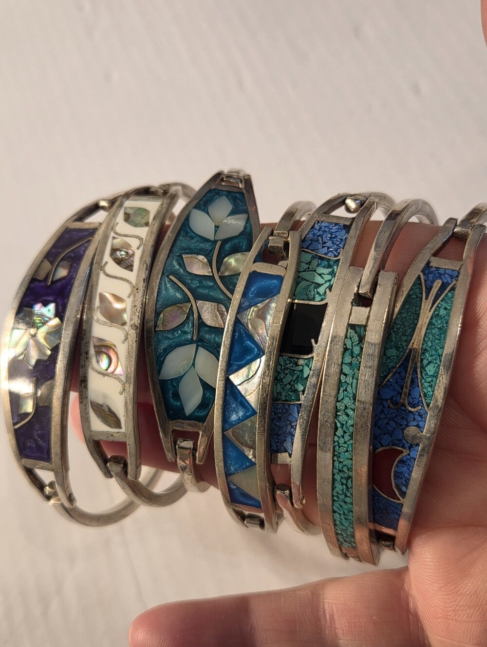 Sterling Silver Filled  Blue and Teal Inlay Bangle Bracelet - Picture 3 of 16